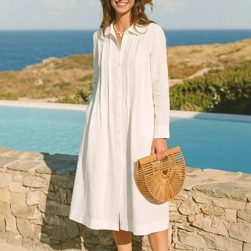 Casual Loose Linen Shirt Dress - Avrupa Tarzı Uzun Elbise, Bol Kesim,