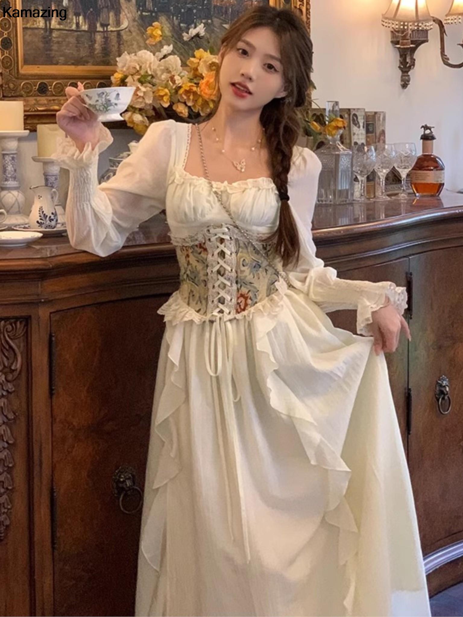 French Vintage Floral Midi Dress - Vintage fransız korse Midi elbise kadınlar