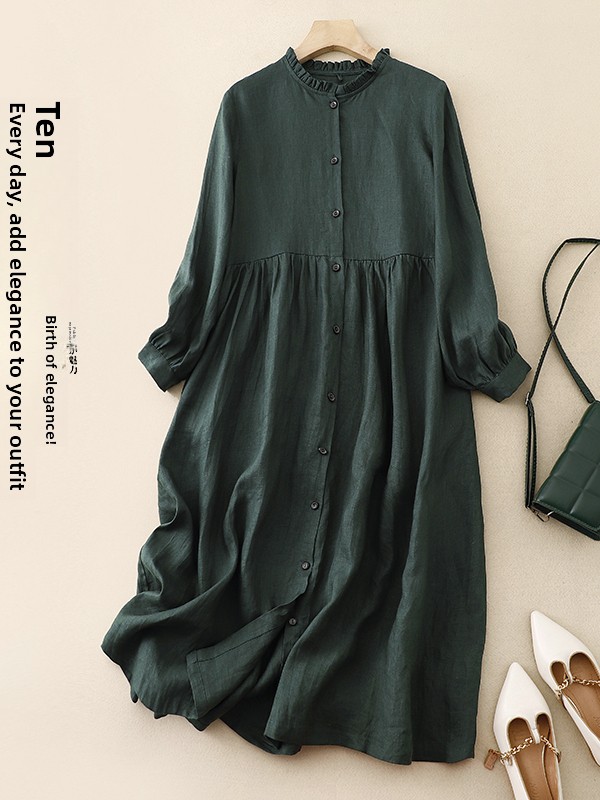 Casual Loose Linen Shirt Dress - Günlük Bol Kesim Pamuklu Keten Uzun