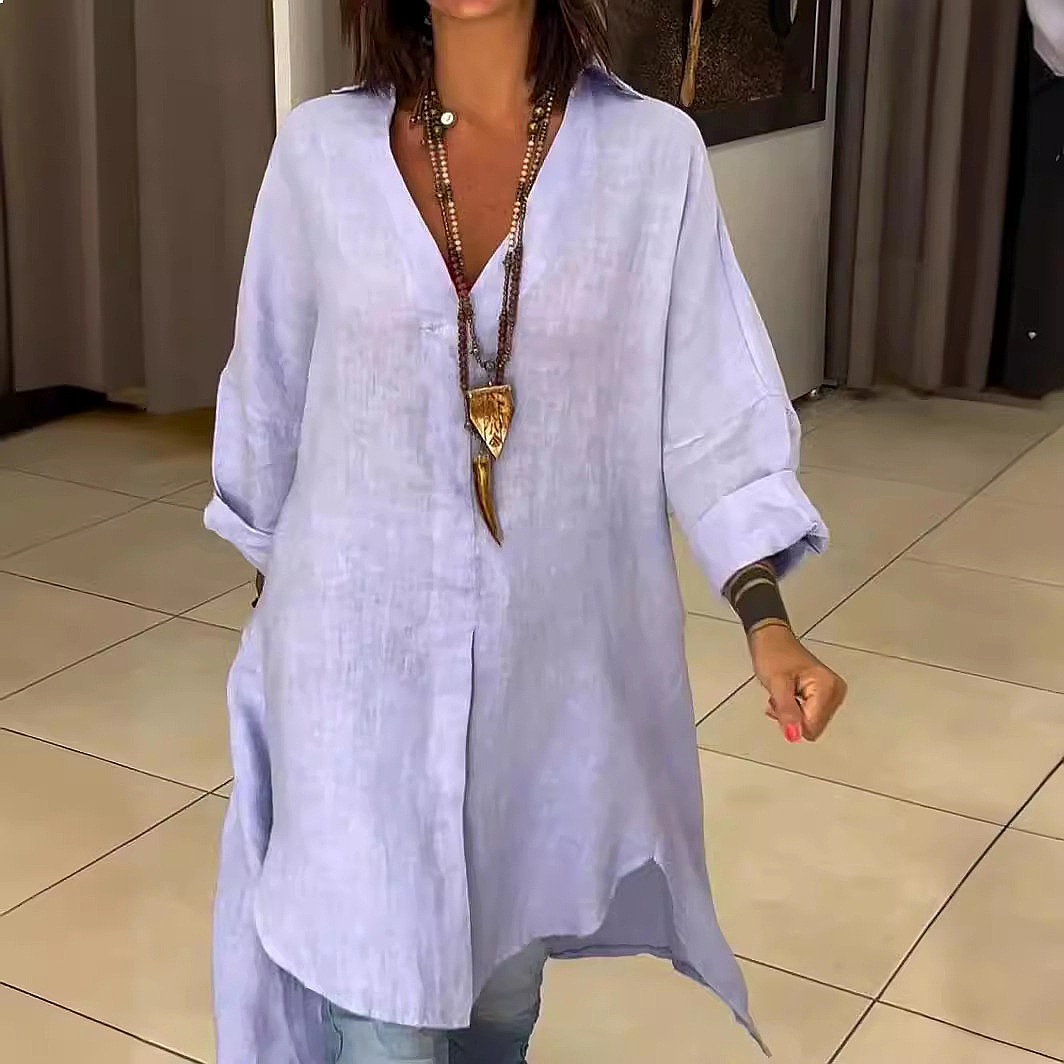 Casual Loose Linen Shirt Dress - Kadın Keten Gömlek Elbise, Bol Kesim,