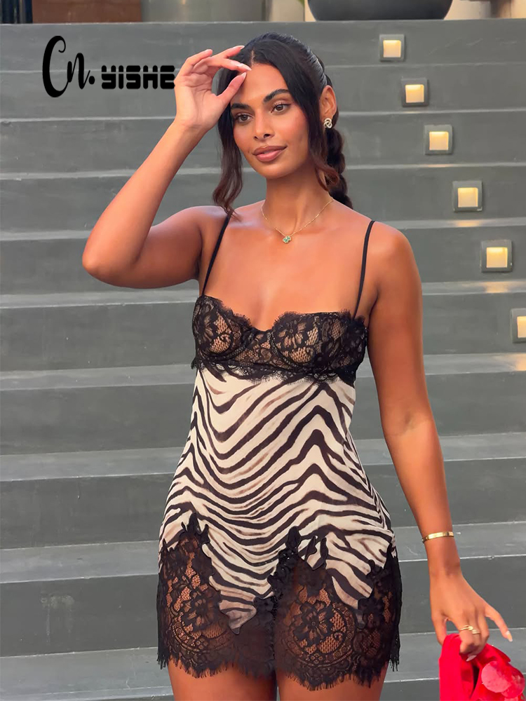 Sexy Mesh Sheer Bodycon Dress - CNYISHE Zebra Desenli Dantel Detaylı Kadın