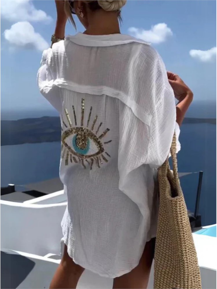 Casual Loose Linen Shirt Dress - İlkbahar yaz Casual pullu göz gömlek