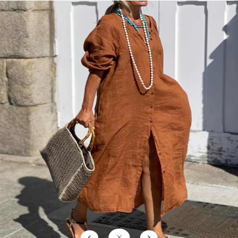 Moda Zarif Bahar Pamuk Keten e - Casual Loose Linen Shirt Dress incelemesi ve fiyatı