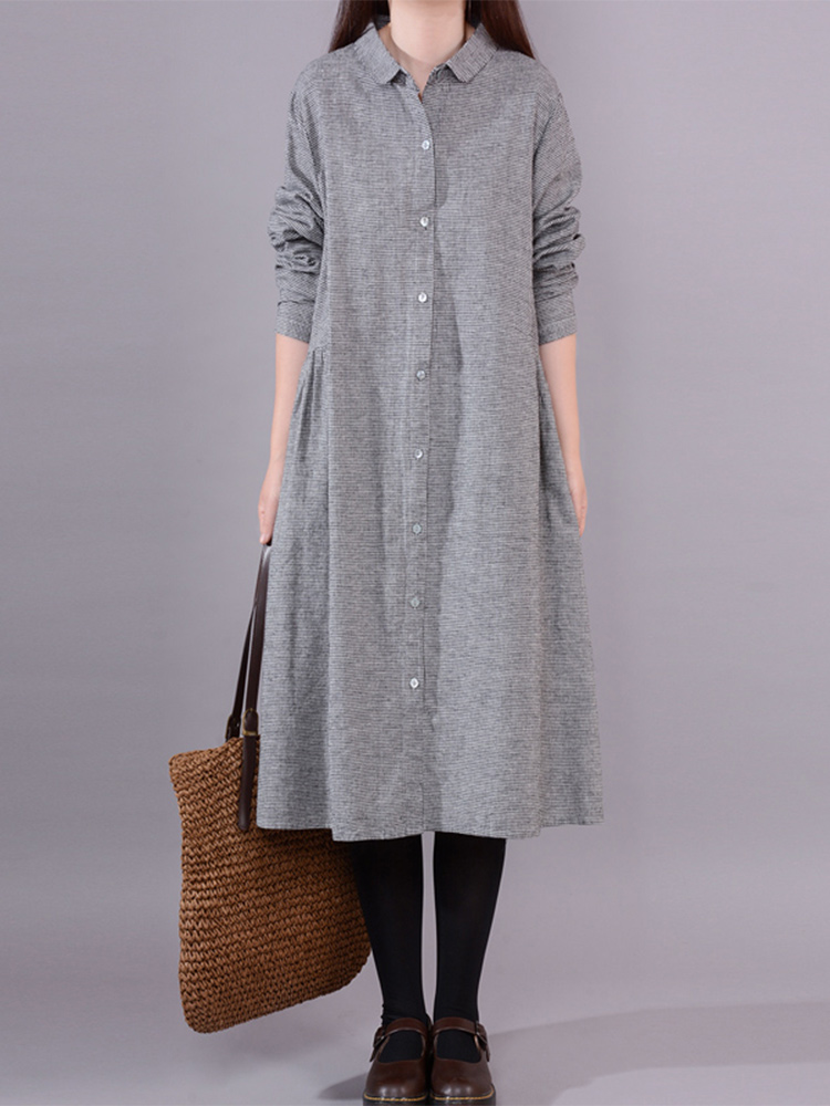 Kadın Uzun Kollu Pamuklu Keten - Korean Style A Line Shirt Dress incelemesi ve fiyatı