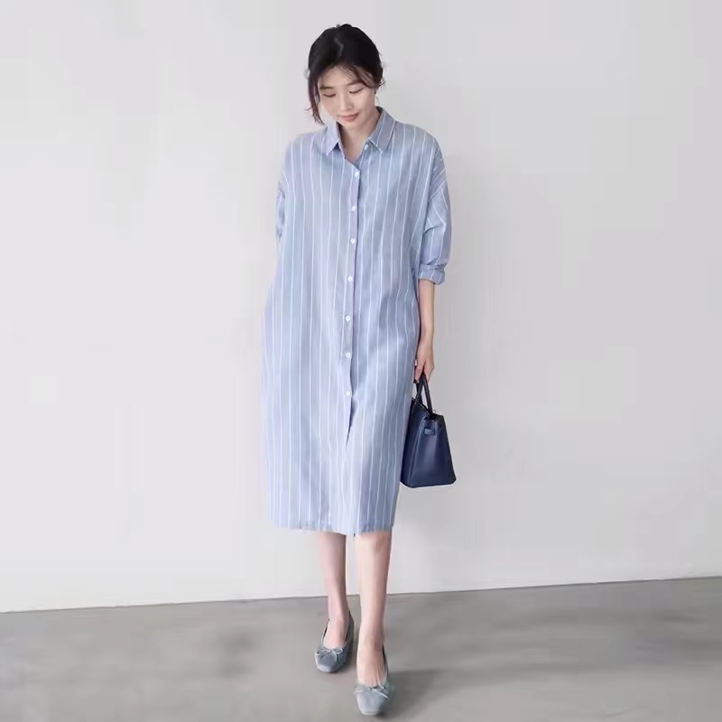 Mavi Çizgili Gömlek Elbise Kad - Korean Style A Line Shirt Dress incelemesi ve fiyatı
